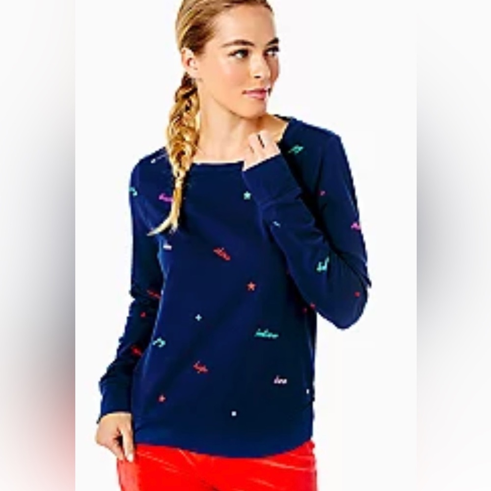 Lilly Pulitzer Rami Long Sleeve Low Tide Navy Good Vibes Sweatshirt size XL NWT